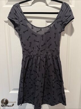 Scoop-Neck Mini Dress in Gray with Key Print